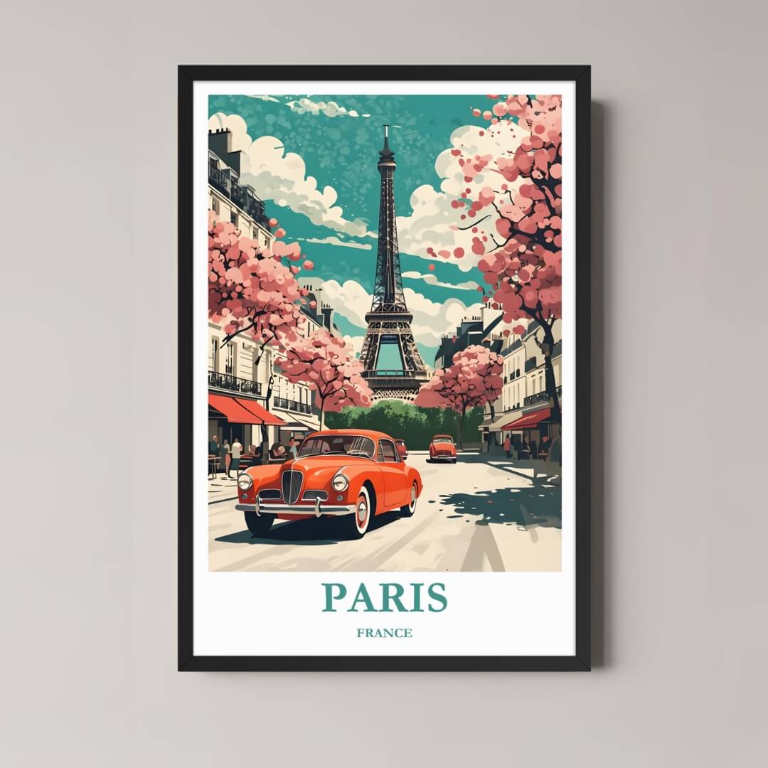 A framed, vibrant illustration of Paris at sunset with the Eiffel Tower, the Seine River, and autumn trees, featuring a classic black frame.