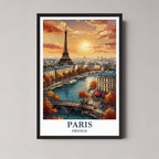 A framed illustration of Paris with a classic black frame, featuring the Eiffel Tower at sunset, styled in a modern interior.