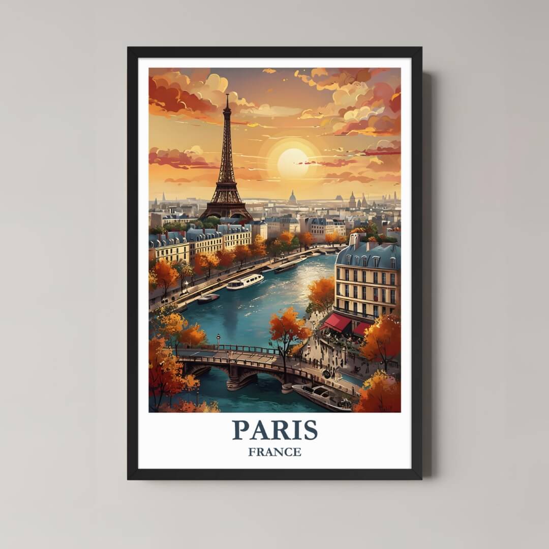 A framed illustration of Paris with a classic black frame, featuring the Eiffel Tower at sunset, styled in a modern interior.
