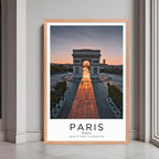 A framed poster of the Arc de Triomphe in Paris, France, with a red oak wood frame, styled in a luxurious modern interior.