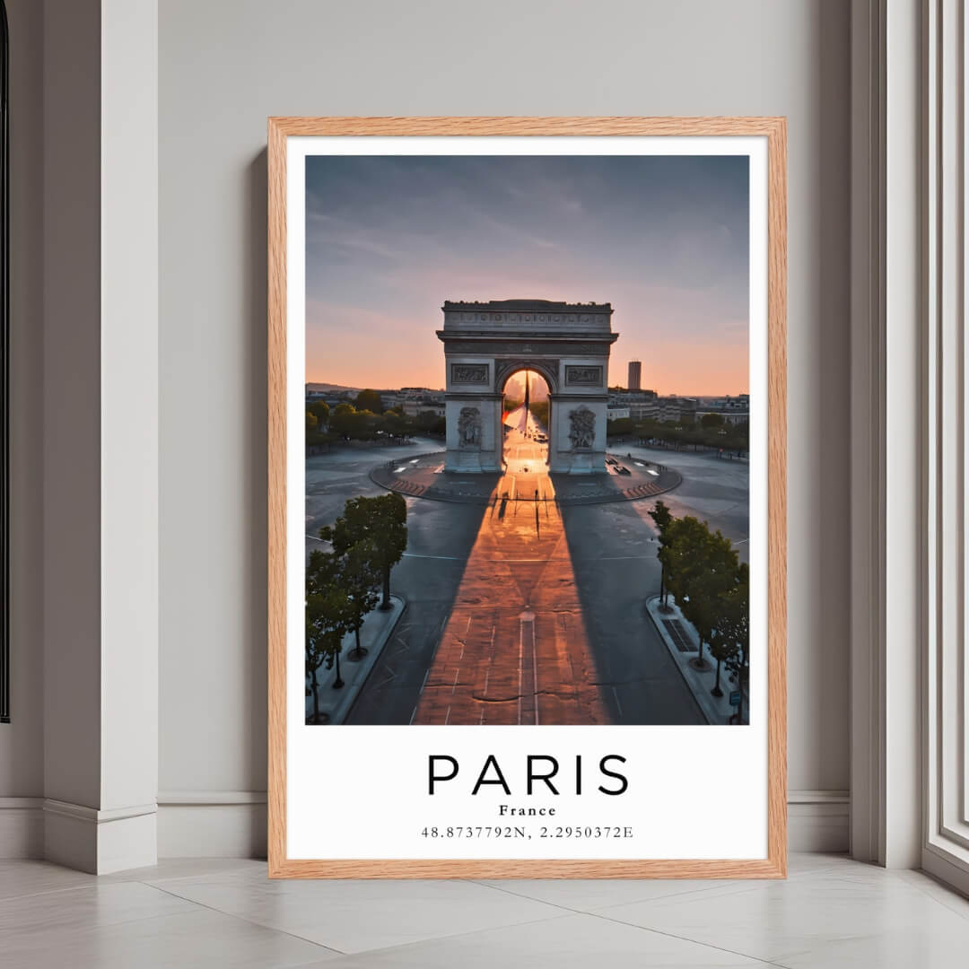 A framed poster of the Arc de Triomphe in Paris, France, with a red oak wood frame, styled in a luxurious modern interior.