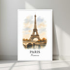 Watercolor-style print of the magnificent Eiffel Tower against a golden sky, in a minimalist white frame. Captures the romantic elegance of the City of Light.