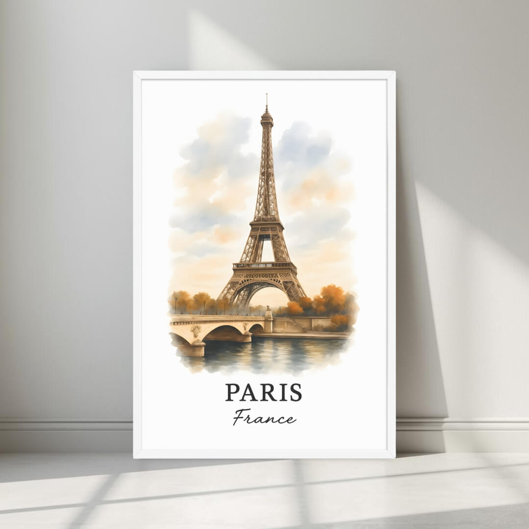 Watercolor-style print of the magnificent Eiffel Tower against a golden sky, in a minimalist white frame. Captures the romantic elegance of the City of Light.