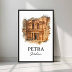 Framed art print of the iconic Petra Treasury (Al-Khazneh) in a sleek black Ayous wood frame. Ideal for luxury Jordanian or historical decor.