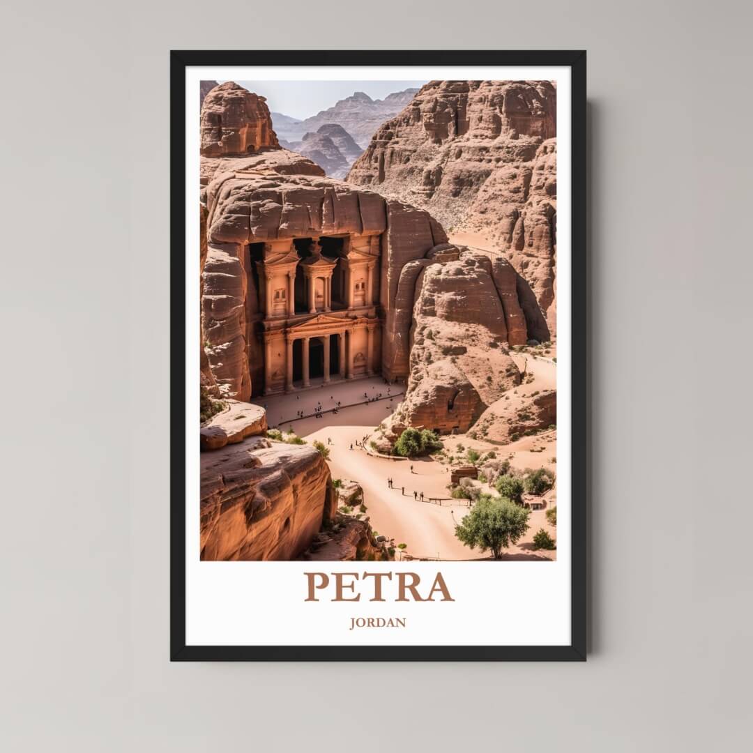 A framed, high-quality illustration of Petra's Al-Khazneh (The Treasury) carved into the rose-red rocks, shown in a classic black frame