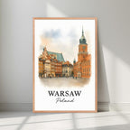 Framed Warsaw art print in a natural Red Oak wood frame. Highlights the warm tones and unique Central European architecture.