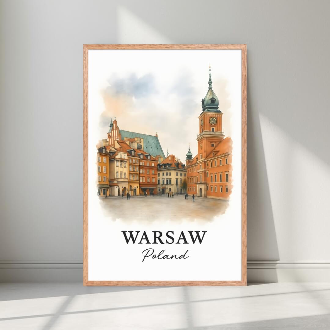 Framed Warsaw art print in a natural Red Oak wood frame. Highlights the warm tones and unique Central European architecture.