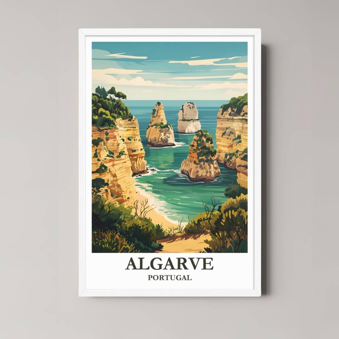 A framed art print of the beautiful Portuguese coast with a minimalist white frame, perfect for a clean, vibrant decor style.
