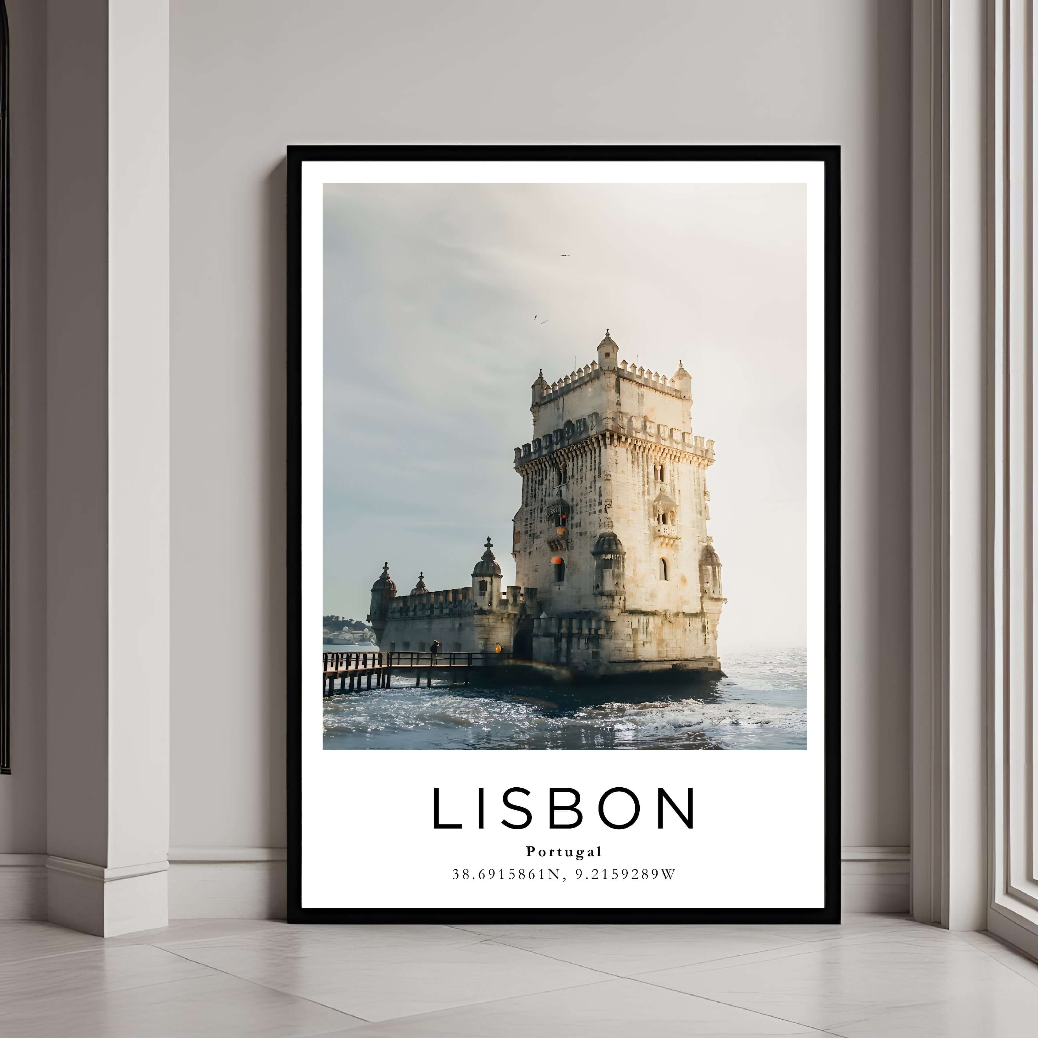 A framed art print of the Belém Tower with a classic black frame, adding a sleek and elegant touch to home decor.