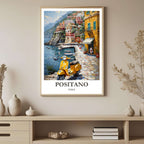 A detailed close-up of the Positano art print, highlighting the vibrant yellow Vespa, cobblestones, and the rich texture of the Amalfi Coast illustration.