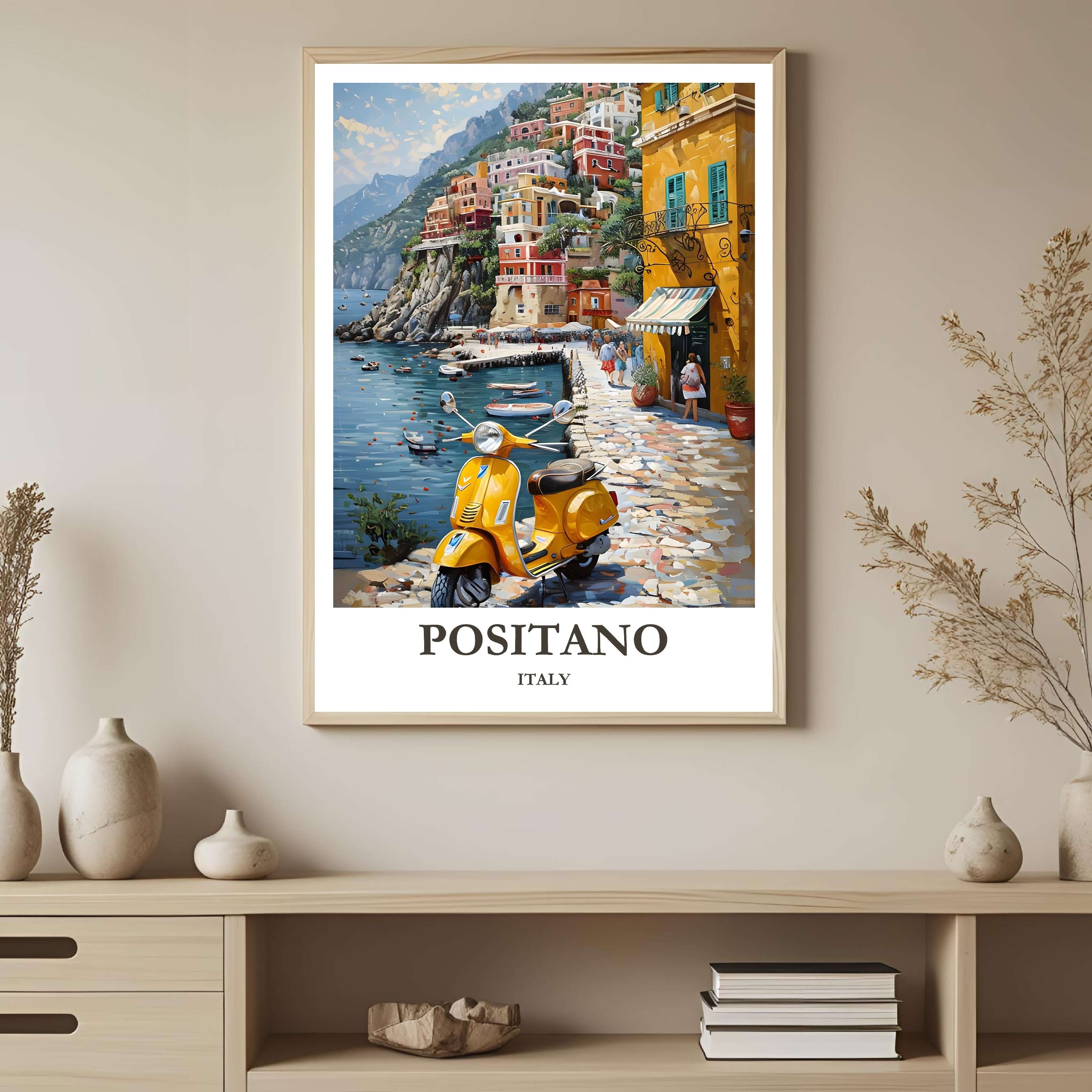 A detailed close-up of the Positano art print, highlighting the vibrant yellow Vespa, cobblestones, and the rich texture of the Amalfi Coast illustration.