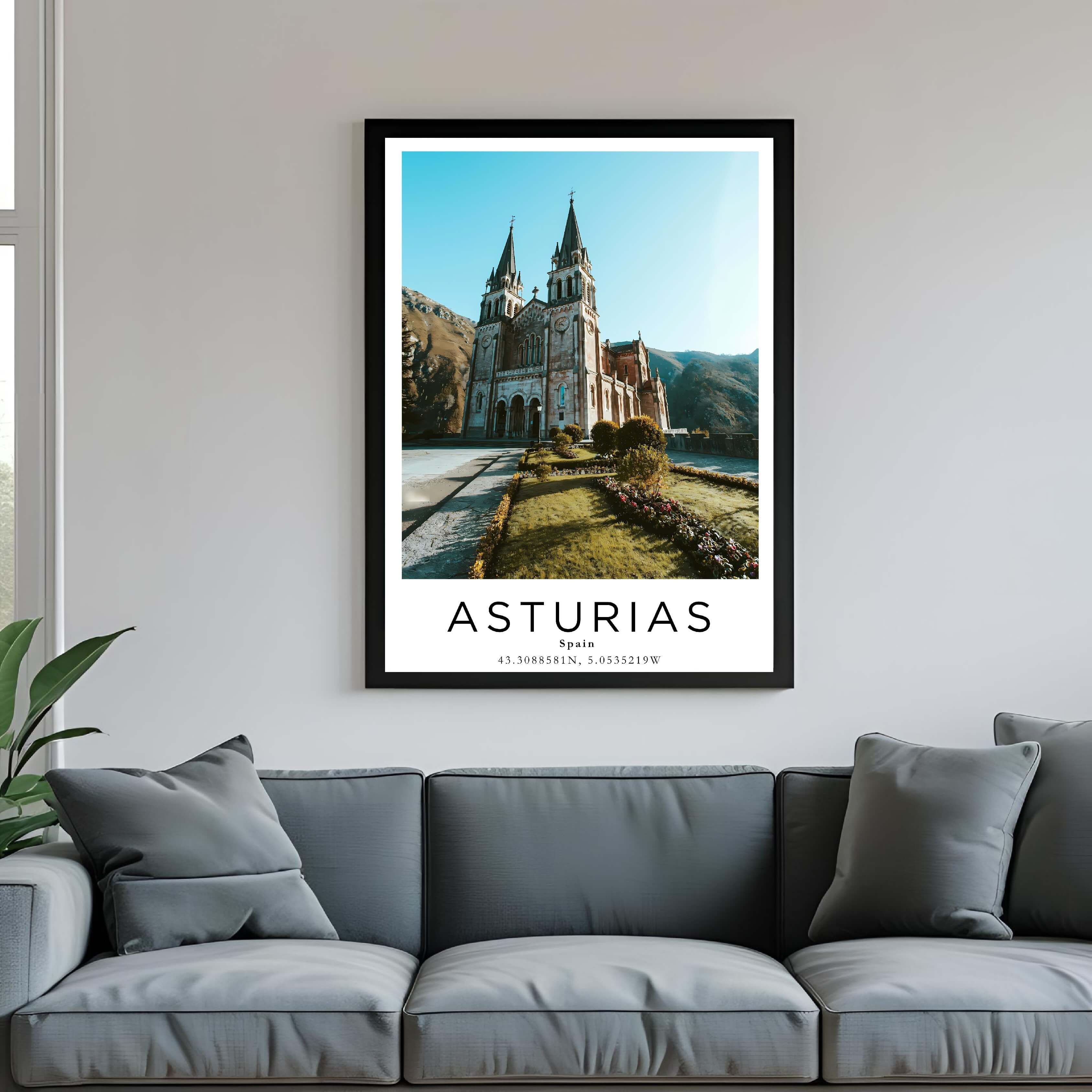 Asturias Spain framed wall art on a bedroom wall, luxury travel-inspired poster décor