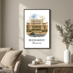 Close-up, angled view of the framed Bucharest print, highlighting the clarity of the Acrylite front protector and the fine finish of the Ayous wood frame for superior durability and elegance.