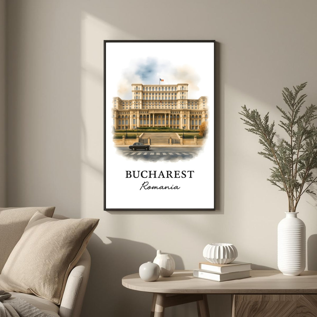 Close-up, angled view of the framed Bucharest print, highlighting the clarity of the Acrylite front protector and the fine finish of the Ayous wood frame for superior durability and elegance.