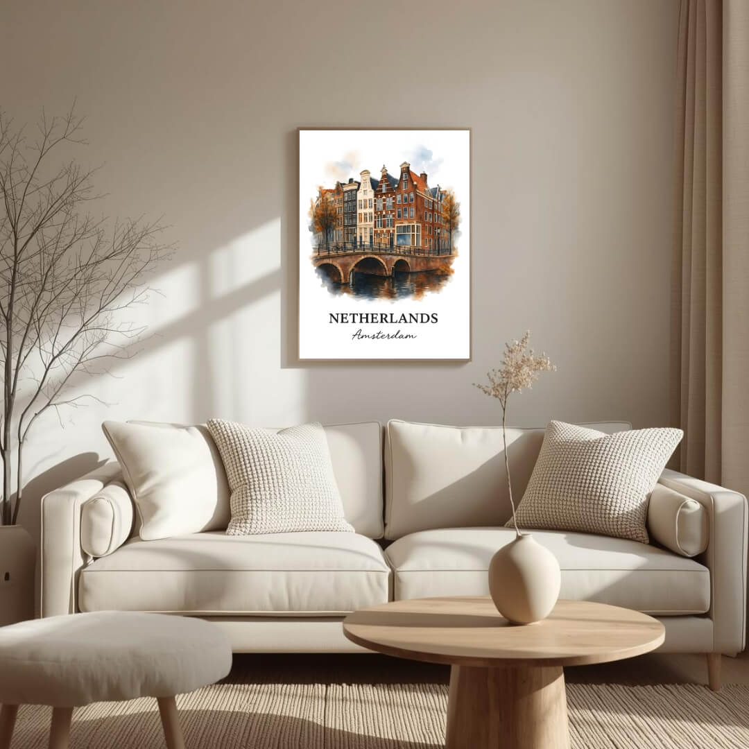 Close-up, angled view of the framed Amsterdam print, highlighting the clarity of the Acrylite front protector and the fine finish of the Ayous wood frame for superior durability and elegance.