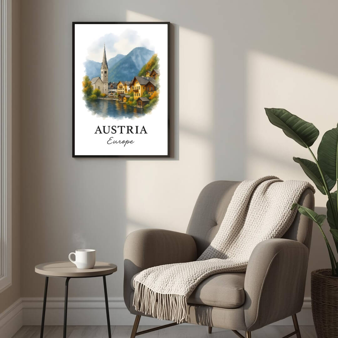 Close-up, angled view of the framed Hallstatt print, highlighting the clarity of the Acrylite front protector and the fine finish of the Ayous wood frame for superior durability and elegance.