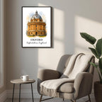 Close-up, angled view of the framed Oxford print, highlighting the clarity of the Acrylite front protector and the fine finish of the Ayous wood frame for superior durability and elegance.