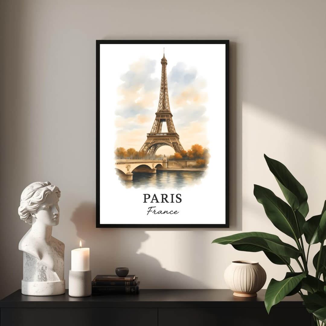 Close-up, angled view of the framed Paris print, highlighting the clarity of the Acrylite front protector and the fine finish of the Ayous wood frame for superior durability and elegance.