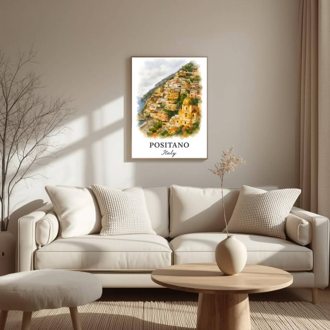 Close-up, angled view of the framed Positano print, highlighting the clarity of the Acrylite front protector and the fine finish of the Ayous wood frame for superior durability and elegance.