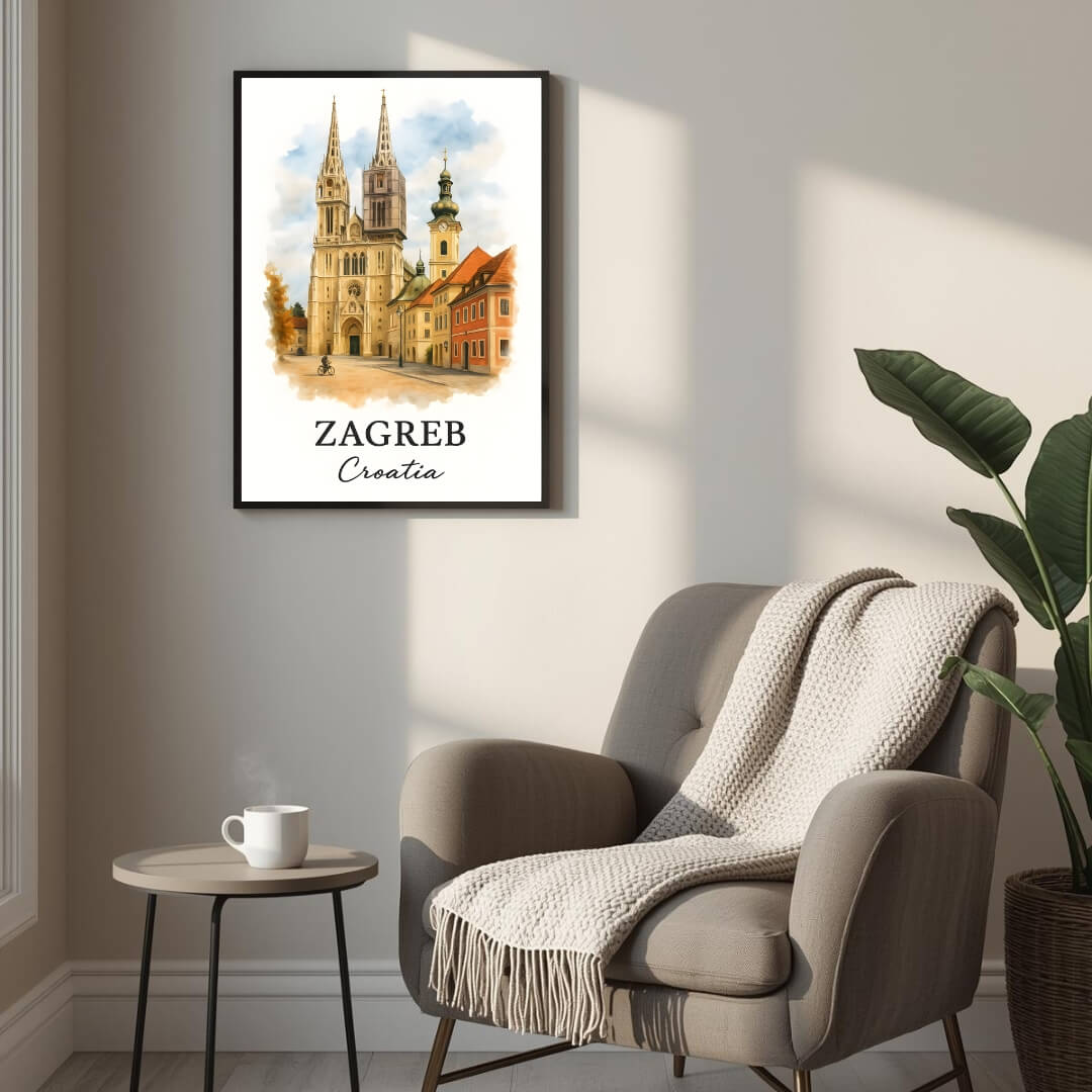 Close-up, angled view of the framed Zagreb print, highlighting the clarity of the Acrylite front protector and the fine finish of the Ayous wood frame for superior durability and elegance.