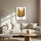 Close-up, angled view of the framed Lisbon print, highlighting the clarity of the Acrylite front protector and the fine finish of the Ayous wood frame for superior elegance.