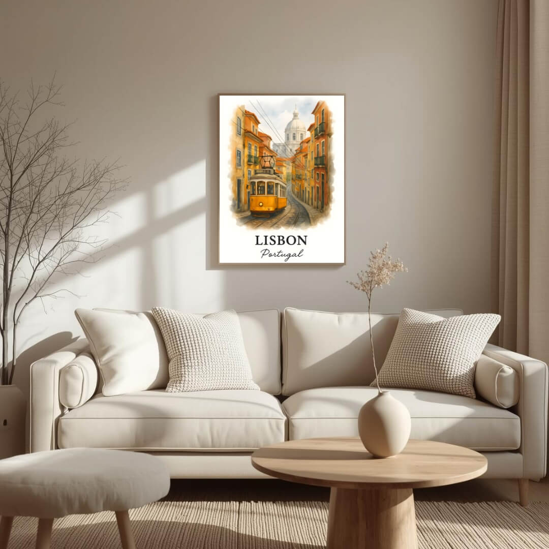 Close-up, angled view of the framed Lisbon print, highlighting the clarity of the Acrylite front protector and the fine finish of the Ayous wood frame for superior elegance.