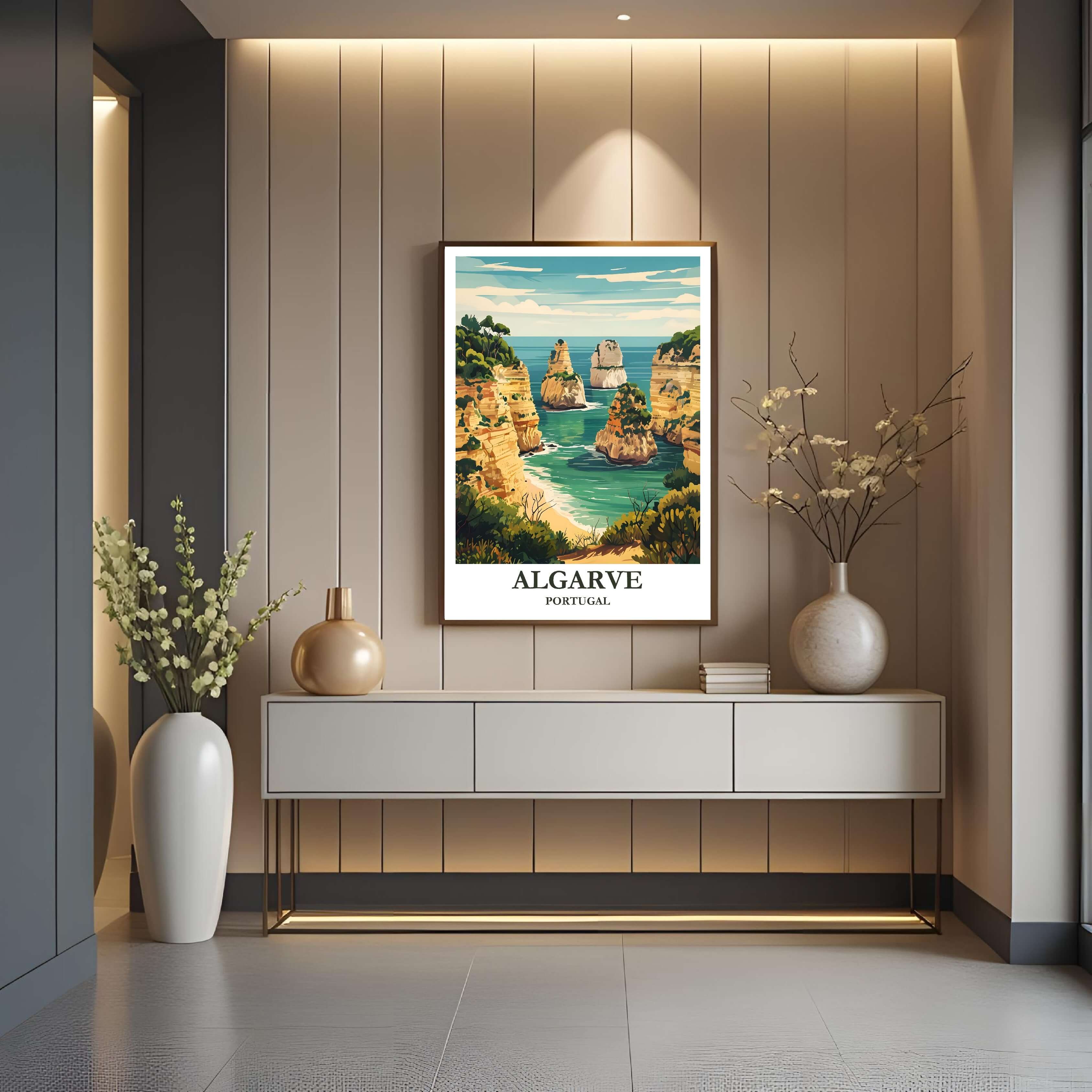 A close-up shot of the premium framed Algarve poster, highlighting the fine print quality and the durable construction of the frame.