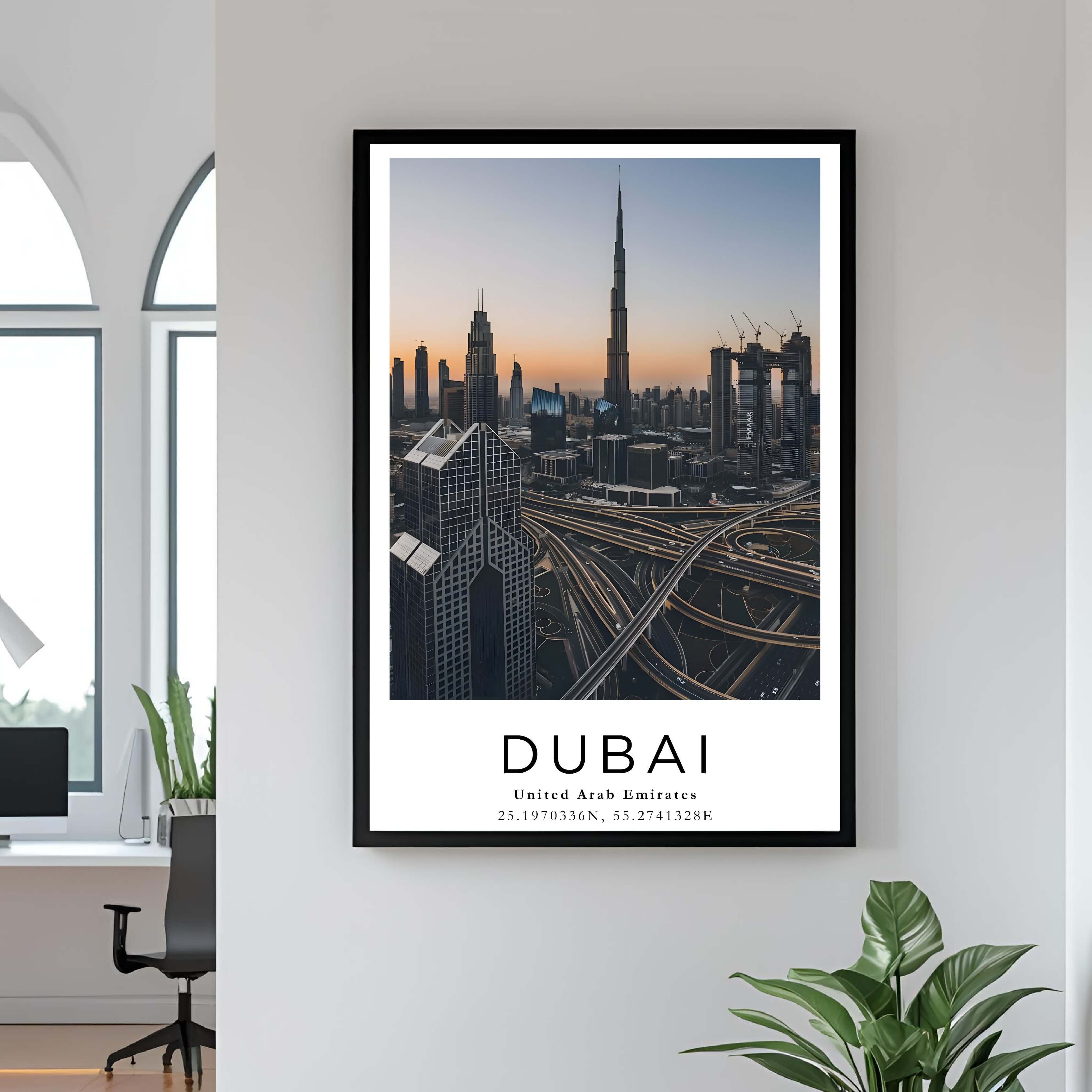 A close-up shot of the premium framed Dubai poster, highlighting the fine print quality and the durable construction of the frame.