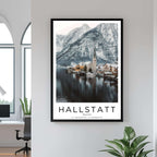 A close-up shot of the premium framed Hallstatt poster, highlighting the fine print quality and the durable construction of the frame.