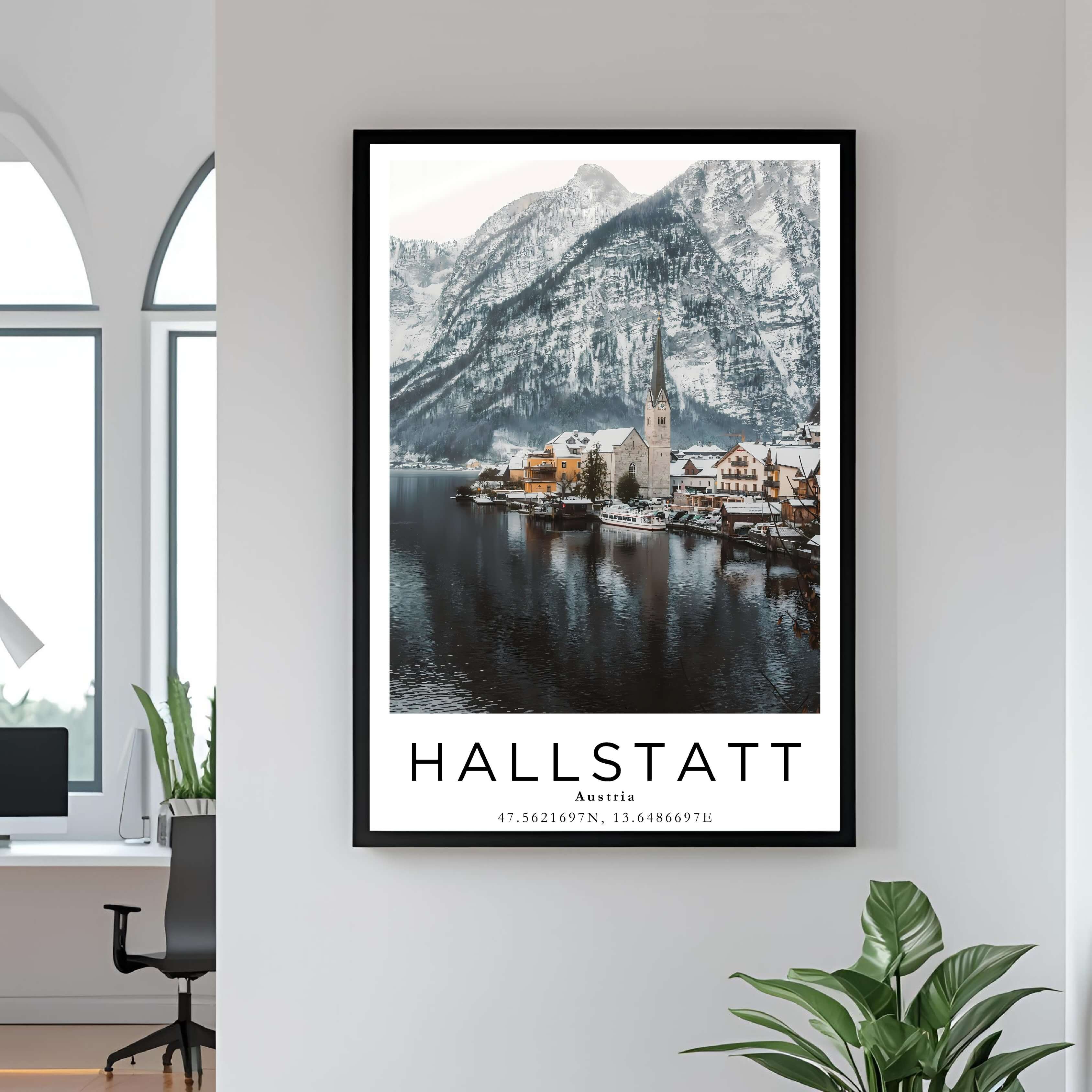 A close-up shot of the premium framed Hallstatt poster, highlighting the fine print quality and the durable construction of the frame.