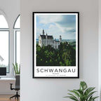 A close-up shot of the premium framed Neuschwanstein Castle poster, highlighting the fine print quality and the durable construction of the frame.