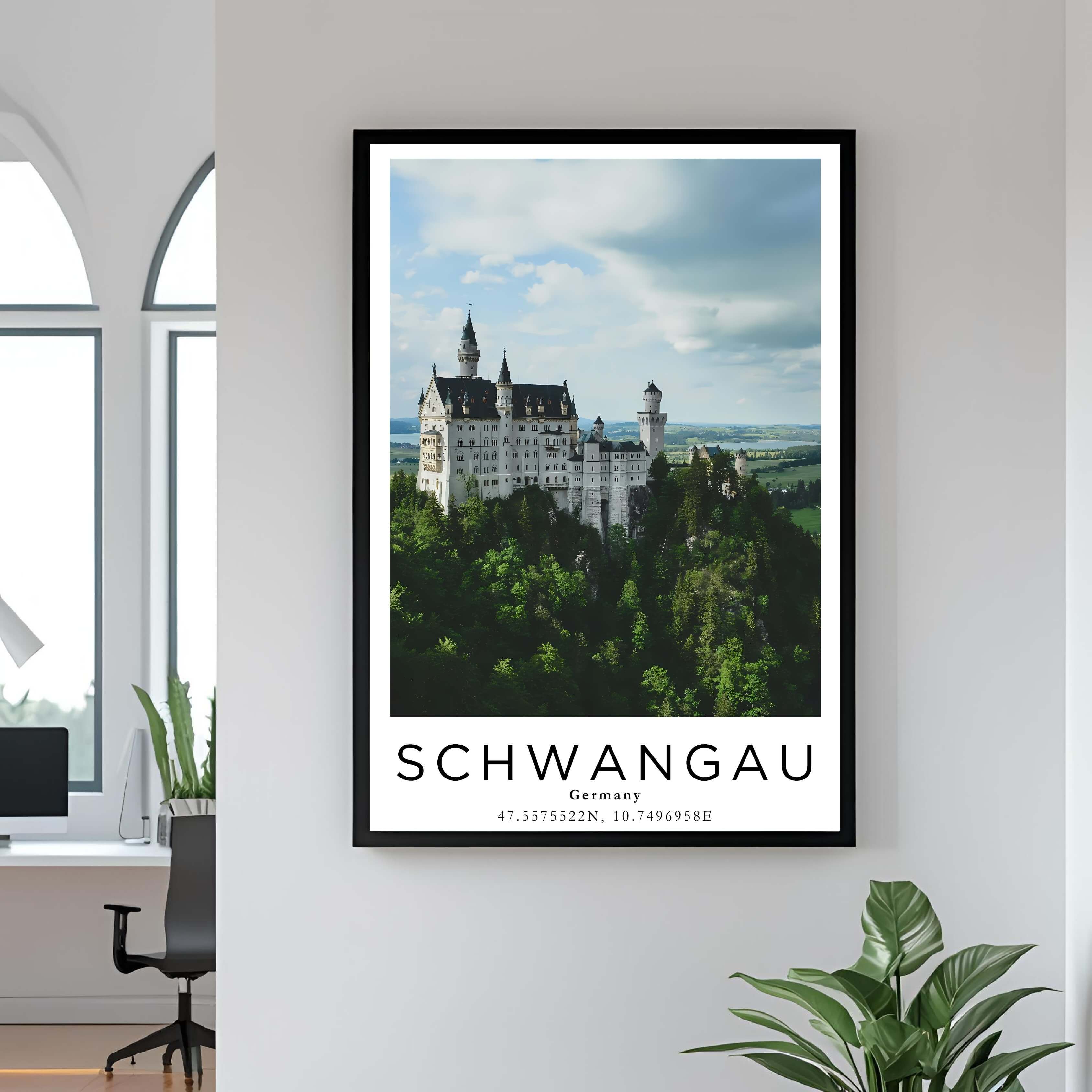 A close-up shot of the premium framed Neuschwanstein Castle poster, highlighting the fine print quality and the durable construction of the frame.