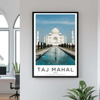 A close-up shot of the premium framed Taj Mahal poster, highlighting the fine print quality and the durable construction of the frame.