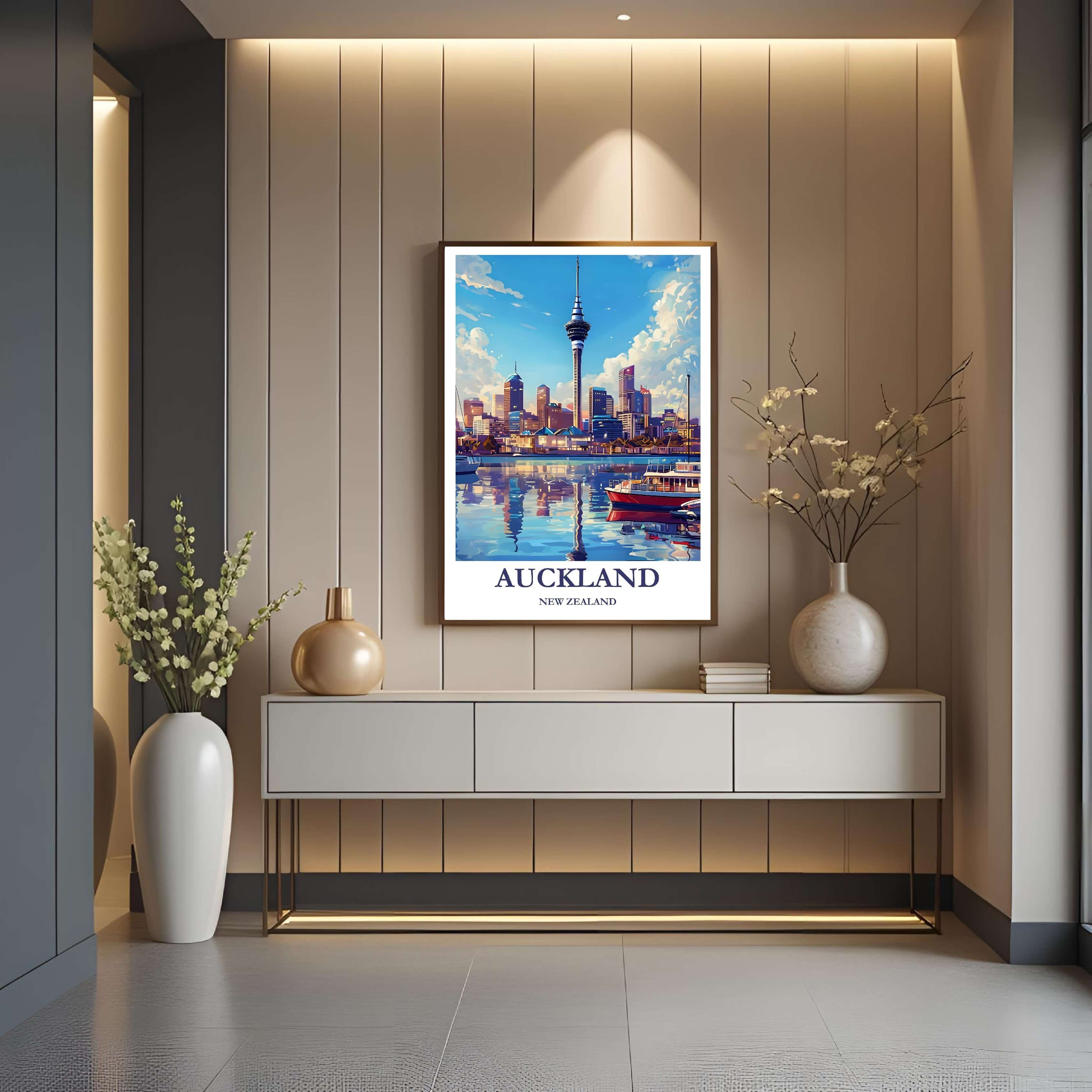A close-up shot of the premium framed Auckland poster, highlighting the fine print quality and the durable construction of the frame.