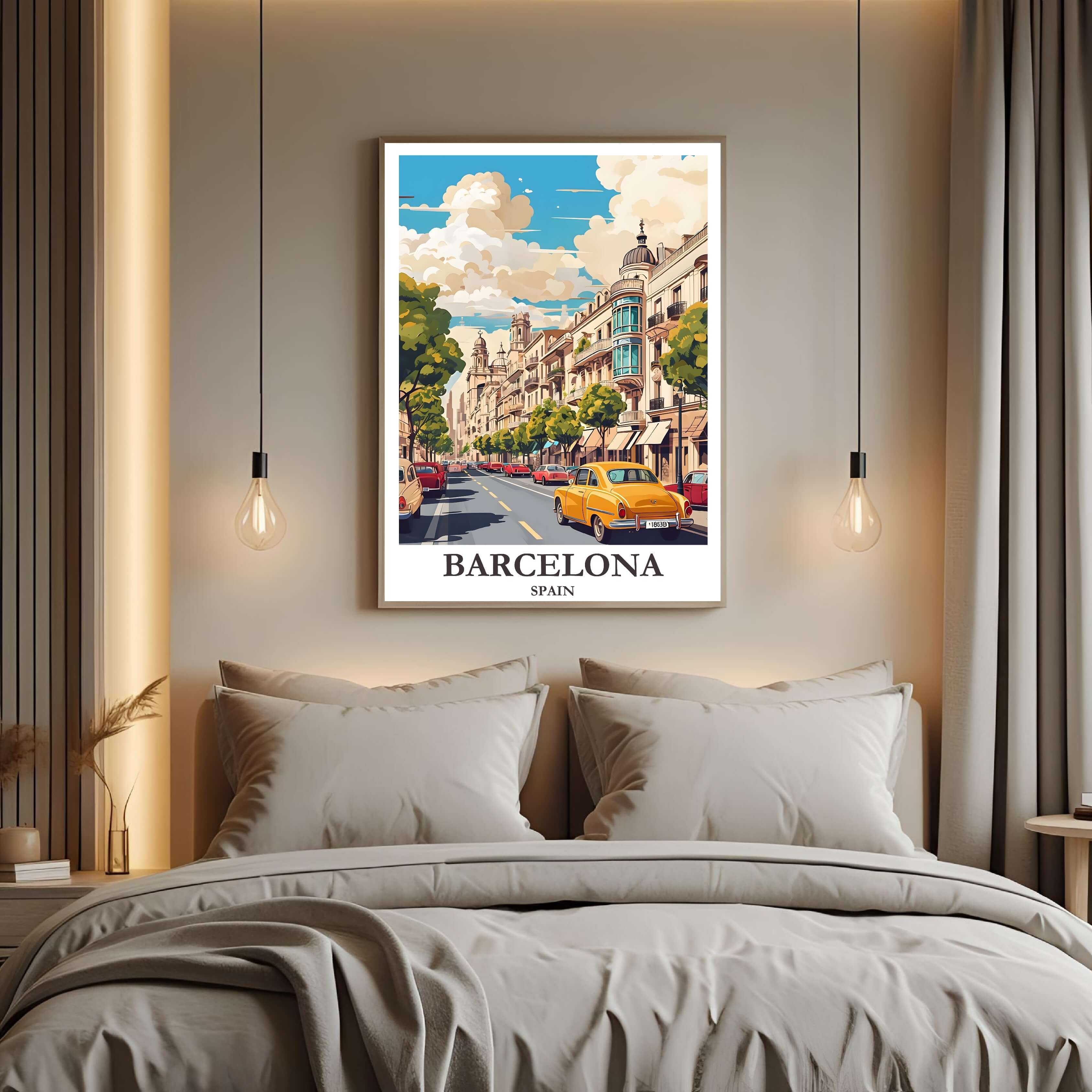 A close-up shot of the premium framed Barcelona poster, highlighting the fine print quality and the detailed illustration style.