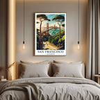 A close-up shot of the premium framed San Francisco poster, highlighting the fine print quality and the detailed illustration of the bridge structure and coastal road.