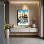 A close-up shot of the premium framed Budapest poster, highlighting the fine print quality and the stylized illustration of the architecture.