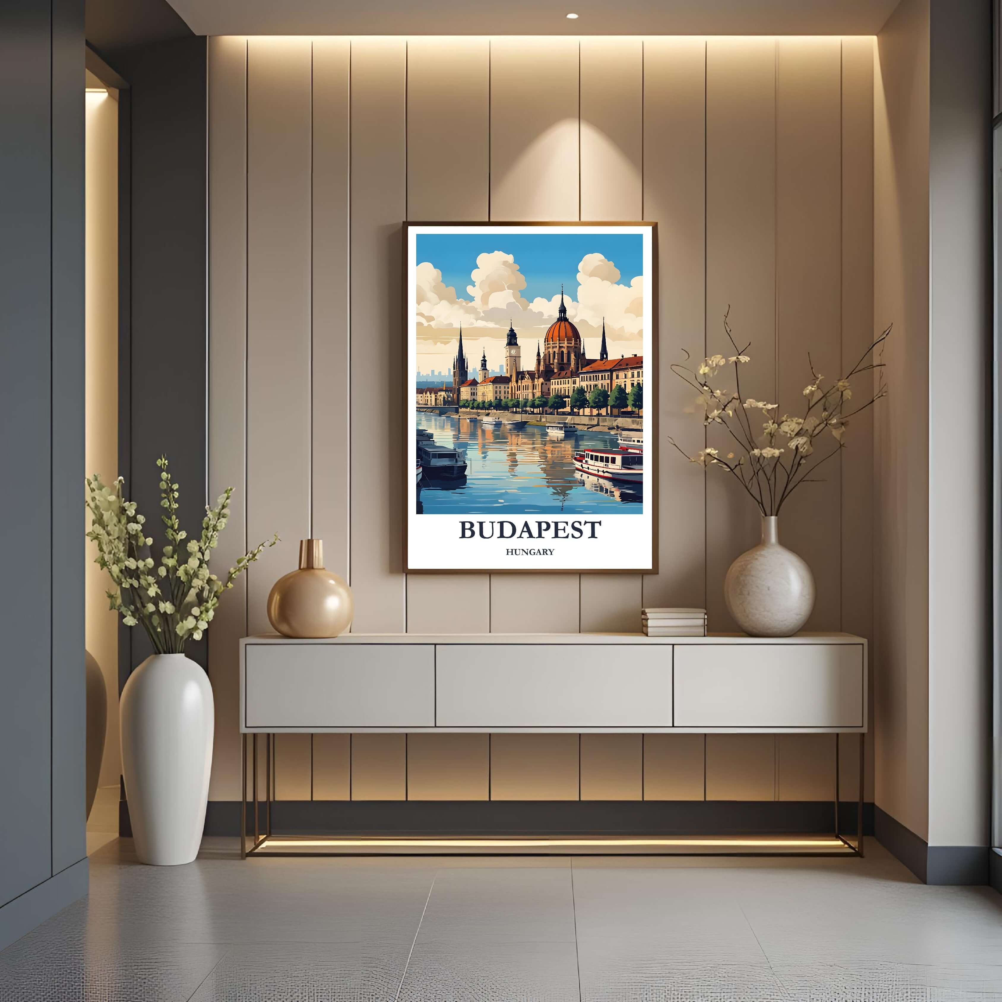 A close-up shot of the premium framed Budapest poster, highlighting the fine print quality and the stylized illustration of the architecture.