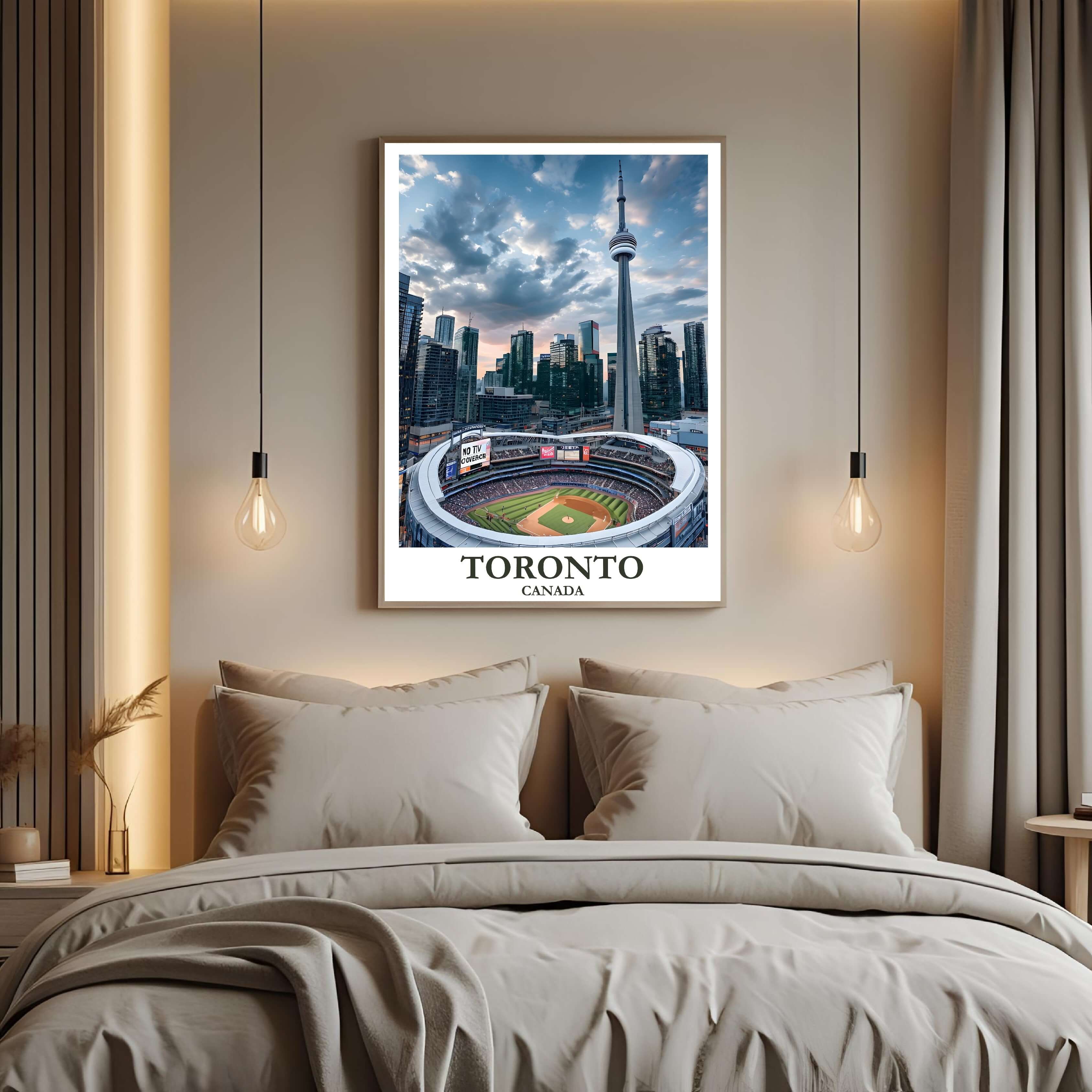 A close-up shot of the premium framed Toronto poster, highlighting the fine print quality and the detailed perspective of the CN Tower rising above the dome.