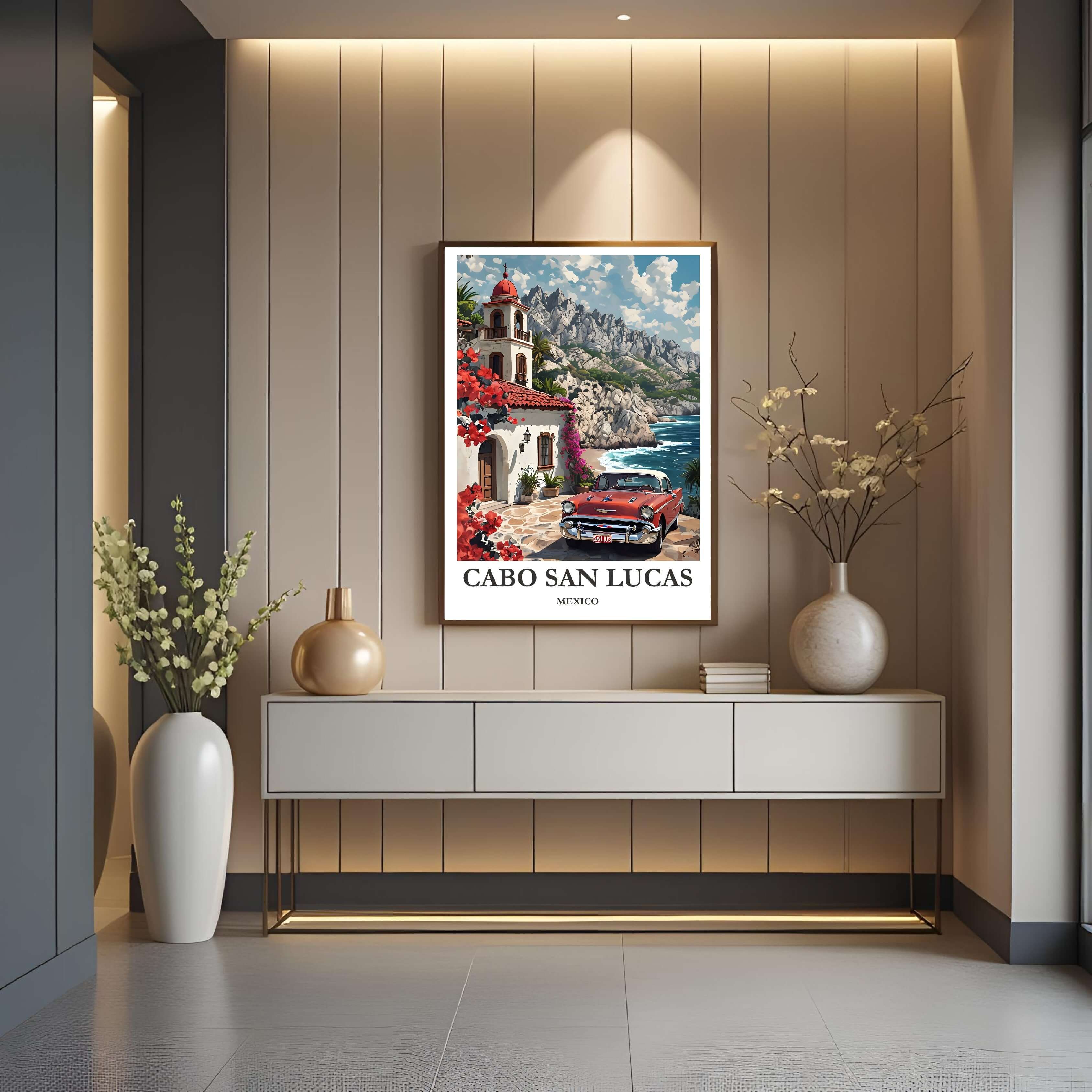 A close-up shot of the premium framed Cabo San Lucas poster, highlighting the fine print quality and the detailed illustration style.