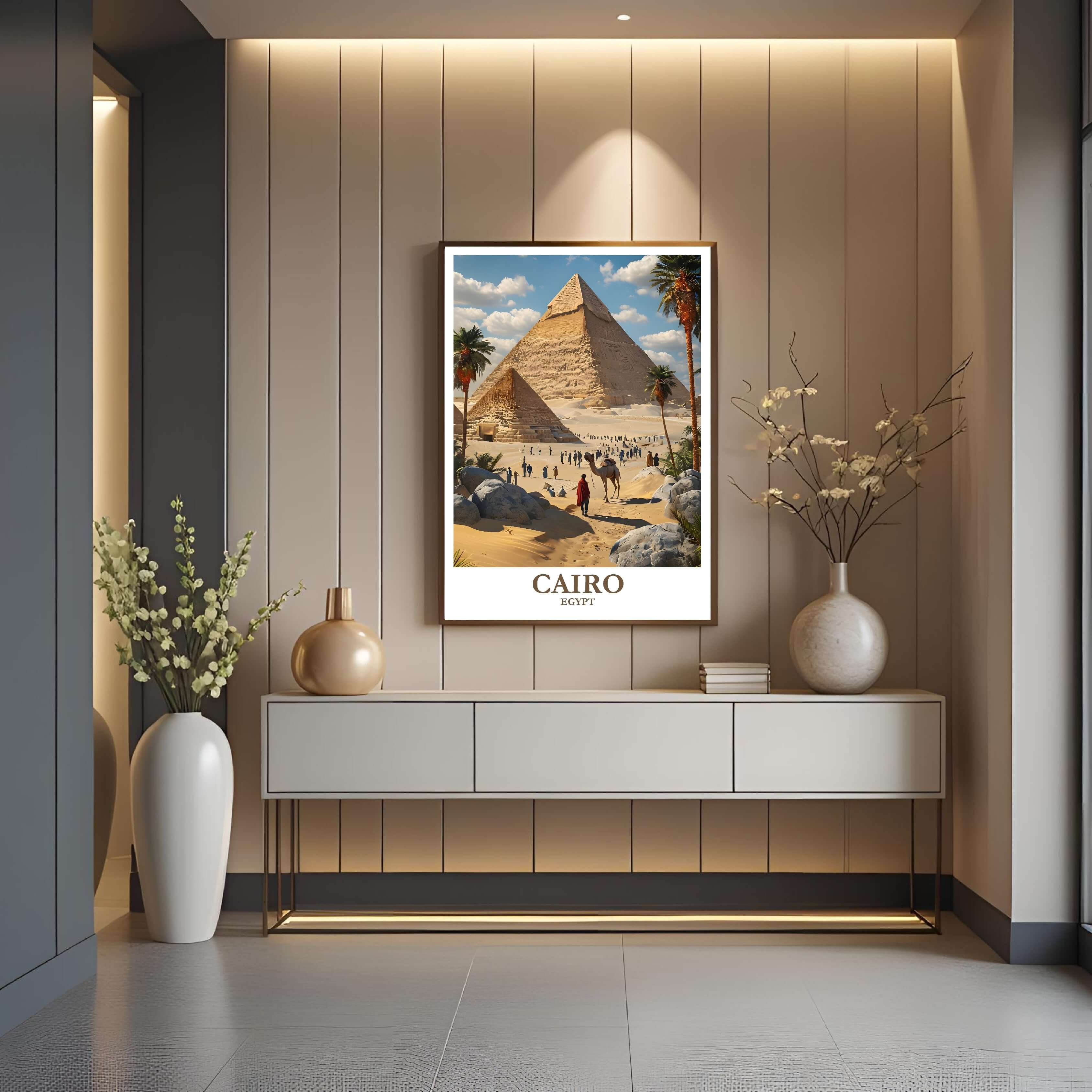 A close-up shot of the premium framed Cairo poster, highlighting the fine print quality and the detailed illustration of the Pyramids.