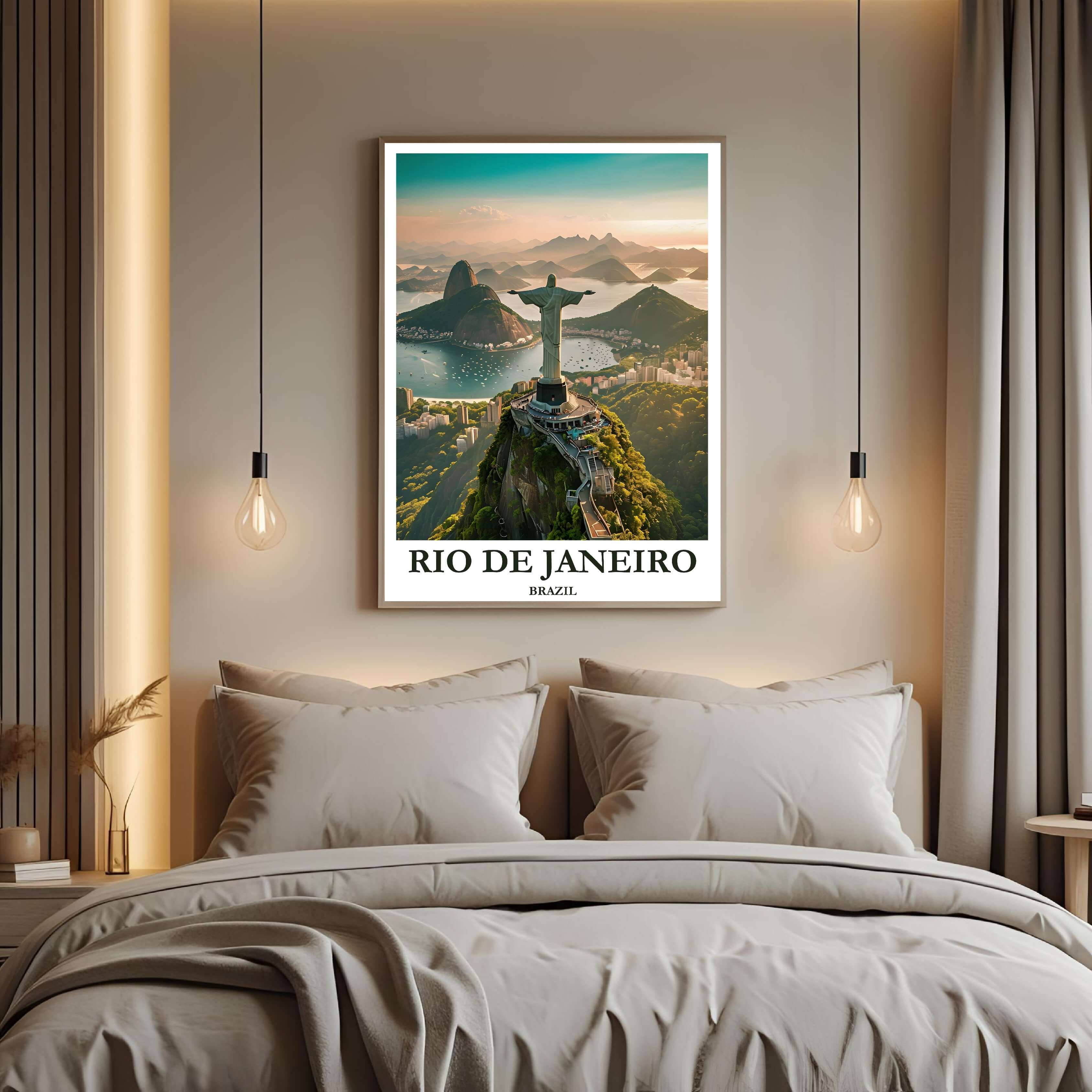 A close-up shot of the premium framed Rio poster, highlighting the fine print quality and the detailed depiction of the Christ the Redeemer statue and Corcovado.