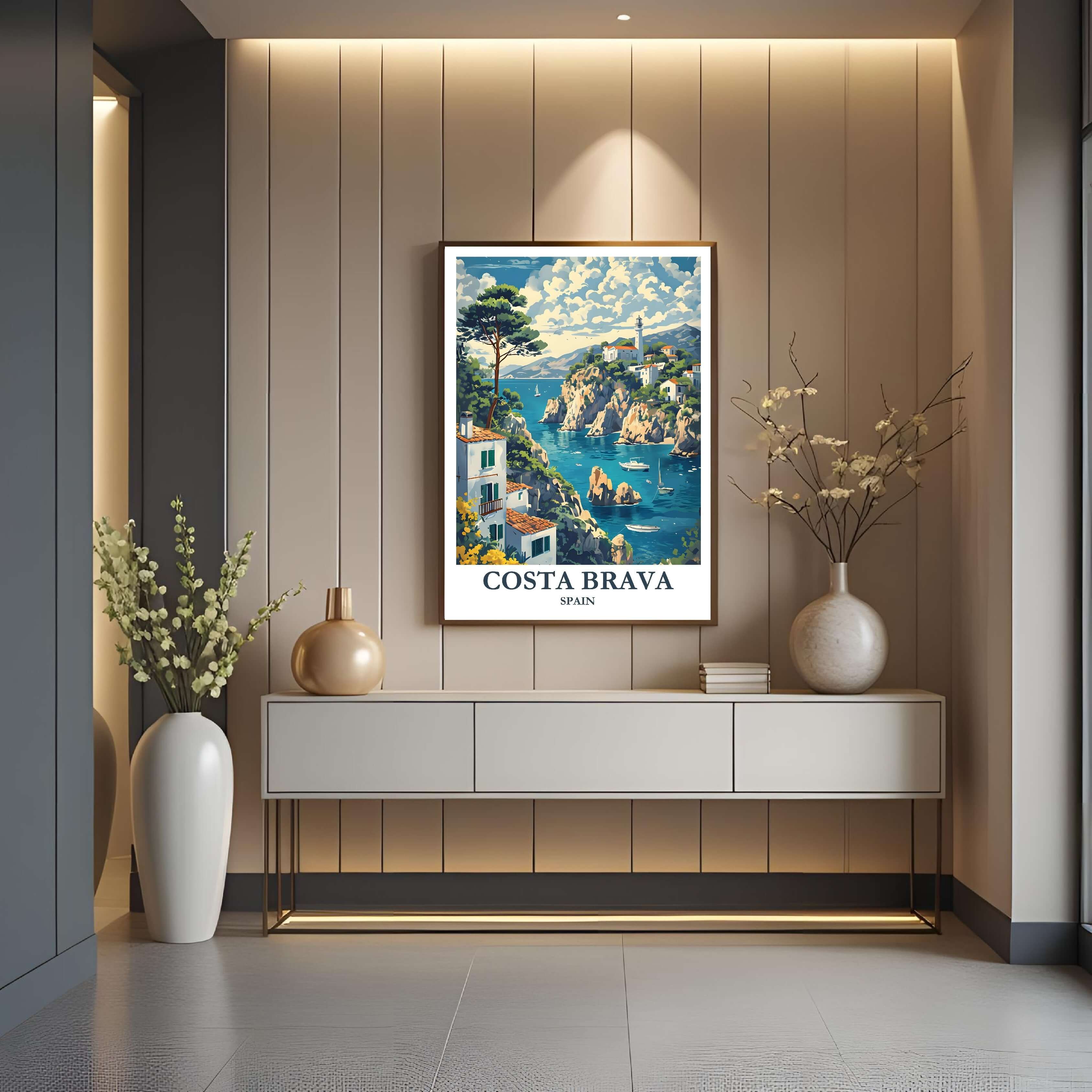 A close-up shot of the premium framed Costa Brava poster, highlighting the fine print quality and the detailed illustration of the landscape.