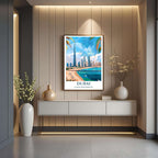  A close-up shot of the premium framed Dubai poster, highlighting the fine print quality and the detailed illustration of the architecture.