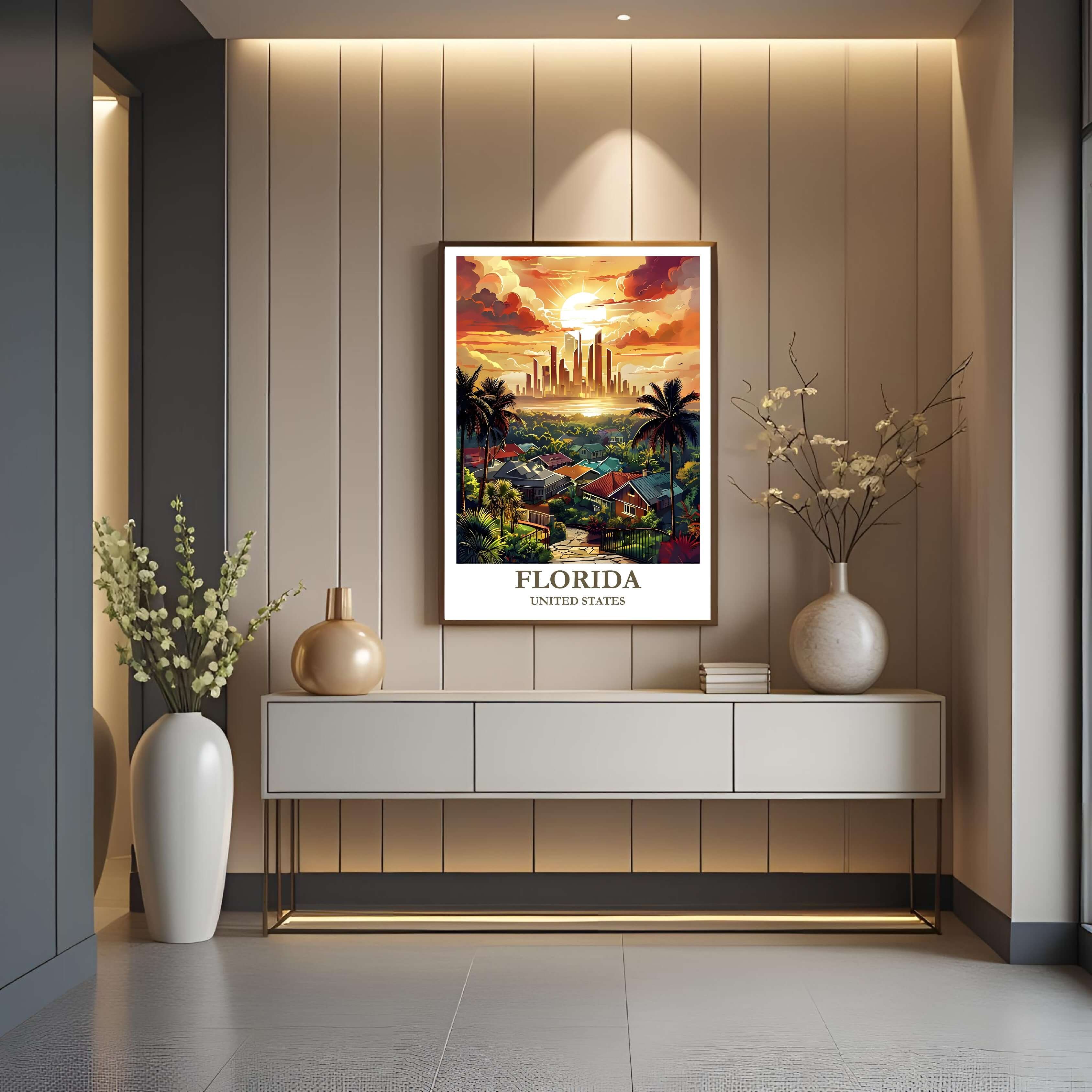 A close-up shot of the premium framed Florida poster, highlighting the fine print quality and the detailed illustration of the tropical scene.