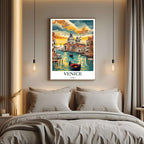 A close-up shot of the premium framed Venice poster, highlighting the fine print quality and the detailed illustration of the black gondola and its reflection.