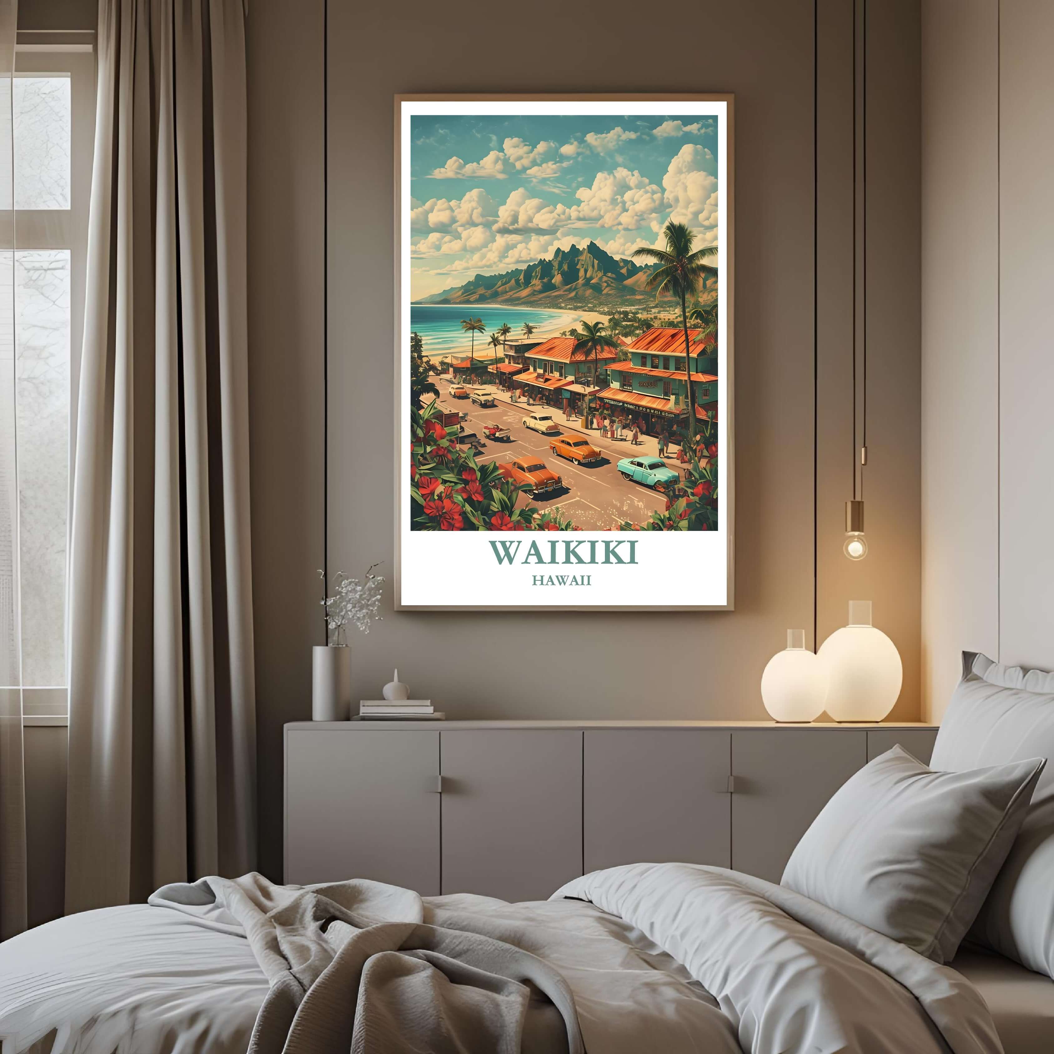 A close-up shot of the premium framed Waikiki poster, highlighting the fine print quality and the detailed illustration of the red hibiscus flowers and palm trees.