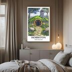 A close-up shot of the premium framed Hobbiton poster, highlighting the fine print quality and the detailed illustration of the magical entrance.