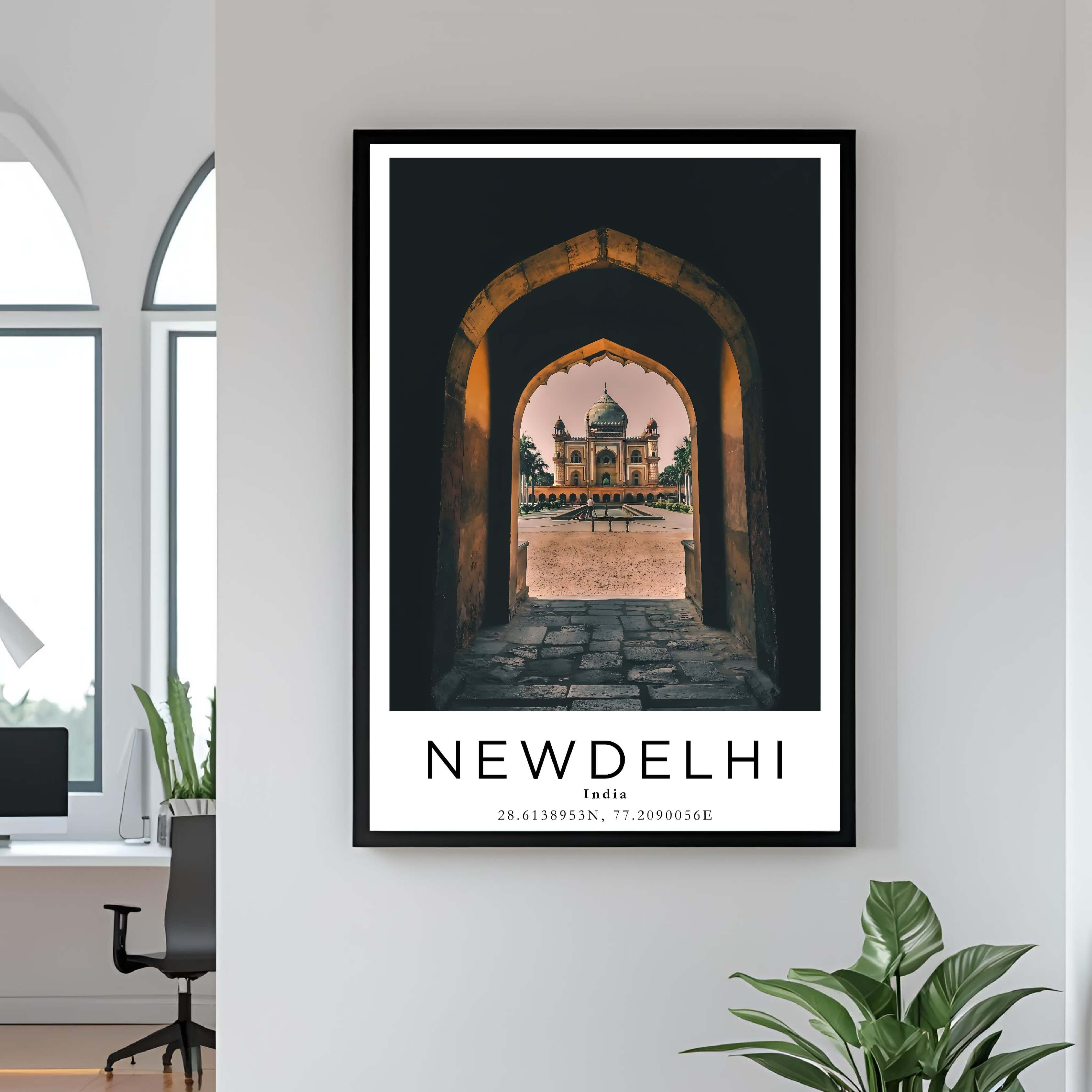A close-up shot of the premium framed New Delhi poster, highlighting the fine print quality and the durable construction of the frame.