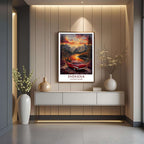 A close-up shot of the premium framed Indiana poster, highlighting the fine print quality and the detailed illustration of the car and landscape.